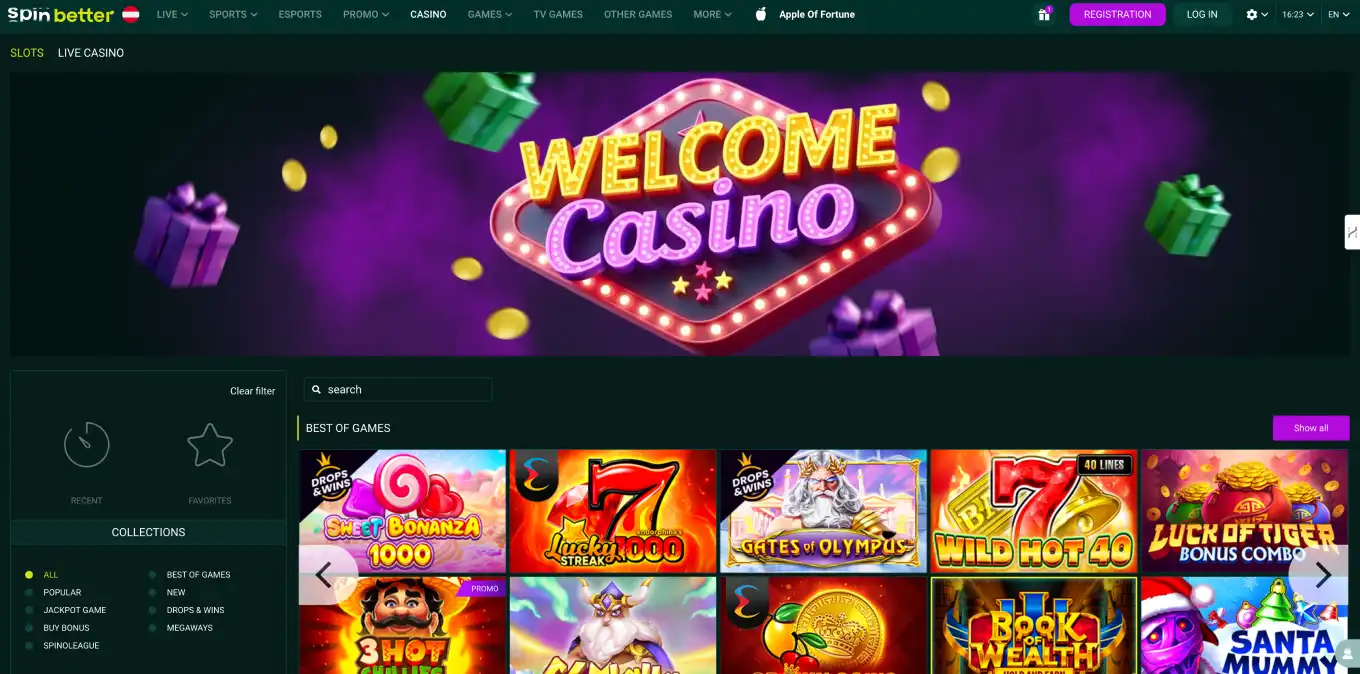 Interfaz real del catálogo de juegos de SpinBetter