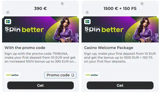 Sección real de bonos y promociones de SpinBetter